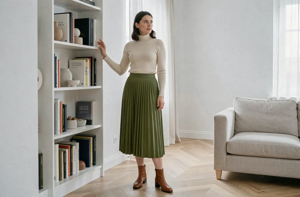 Femme en jupe mi-longue en laine olive dans un appartement scandinave minimaliste avec bottes cognac