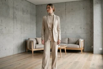 Femme portant un look monochrome beige avec blazer, pantalon large et col roulé dans un appartement minimaliste parisien
