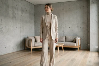 Femme portant un look monochrome beige avec blazer, pantalon large et col roulé dans un appartement minimaliste parisien