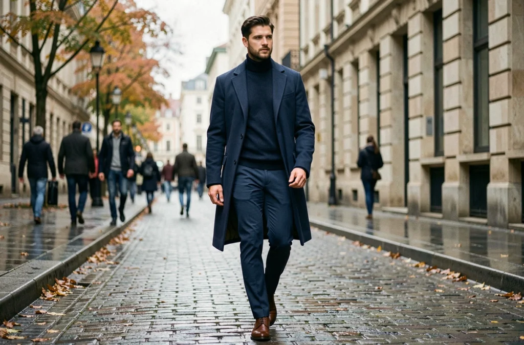 Homme en look monochrome bleu marine avec manteau long et pull col montant dans une rue pavée en automne