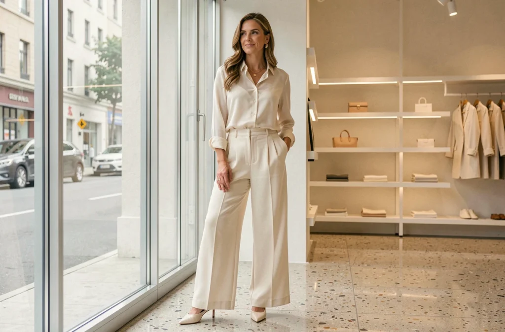 Femme élégante en tenue monochrome ivoire et crème avec blouse en soie et palazzo dans une boutique contemporaine
