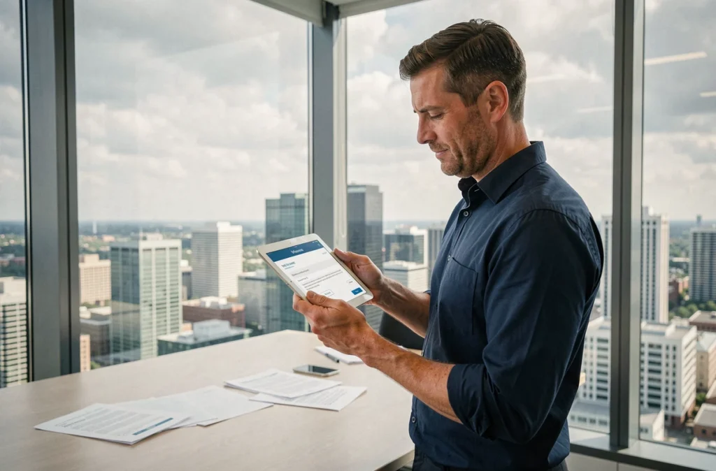 Manager consultant une application RH de gestion des congés sur tablette dans une salle de réunion vitrée