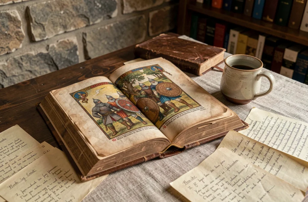 Manuscrit enluminé médiéval représentant des guerriers vikings ouvert sur une table de travail d'historien avec des notes de recherche