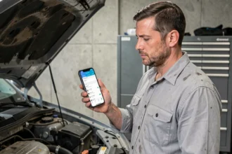 Mécanicien utilisant une application mobile pour suivre l'entretien d'une voiture dans un garage