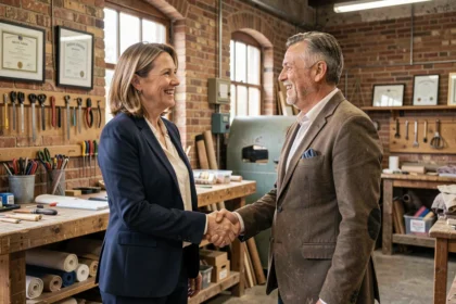 Dirigeante d'entreprise serrant la main d'un artisan local lors d'une convention de mécénat dans un atelier artisanal