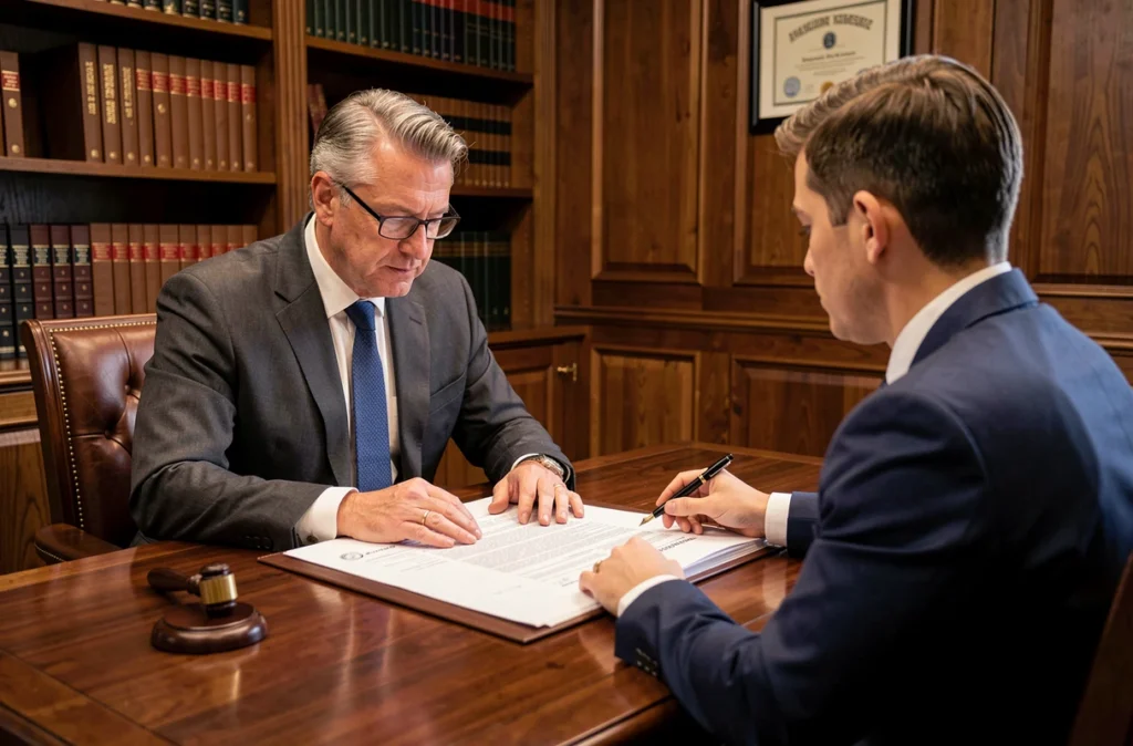 Notaire et client signant un contrat immobilier dans un bureau officiel, représentant les frais de notaire lors d'un achat