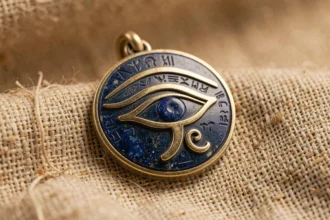 Amulette Oeil d'Horus en lapis-lazuli et or posée sur tissu lin ancien, symbole égyptien de protection et chance