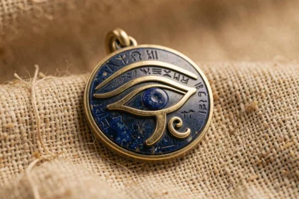 Amulette Oeil d'Horus en lapis-lazuli et or posée sur tissu lin ancien, symbole égyptien de protection et chance