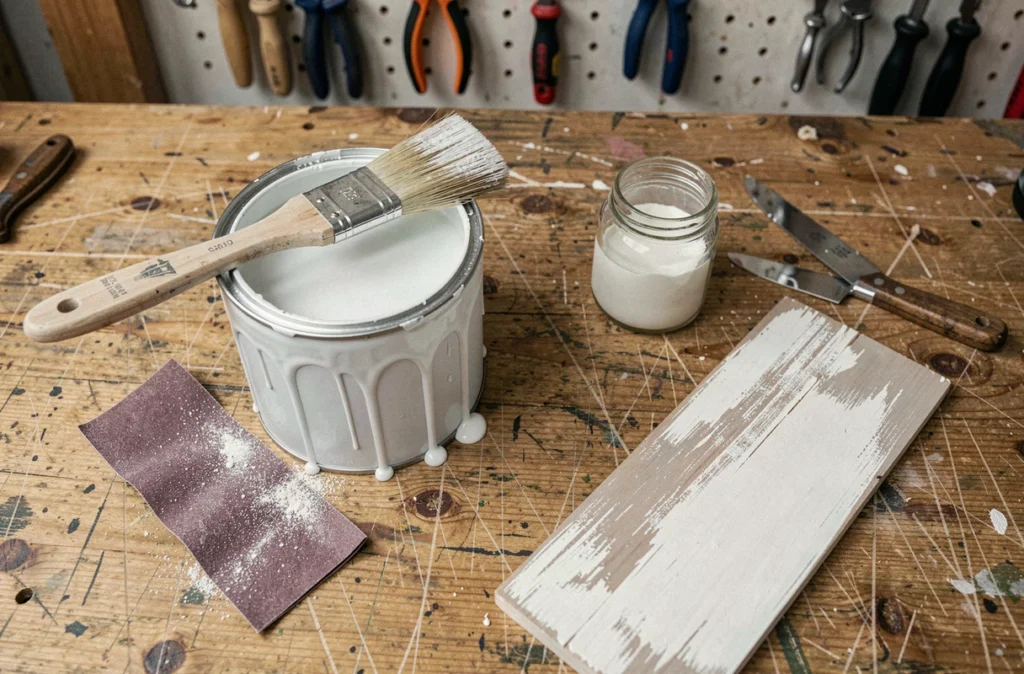 Vue en plongée des outils et peintures pour rénover un meuble en bois ancien sur un établi
