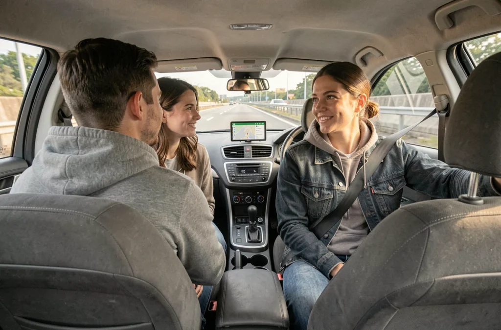 Trois personnes en covoiturage discutent à l'intérieur d'une voiture sur l'autoroute