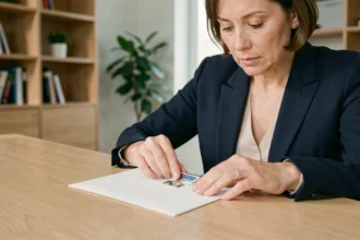 Femme professionnelle plaçant un timbre dans le coin supérieur droit d'une enveloppe blanche sur un bureau en bois