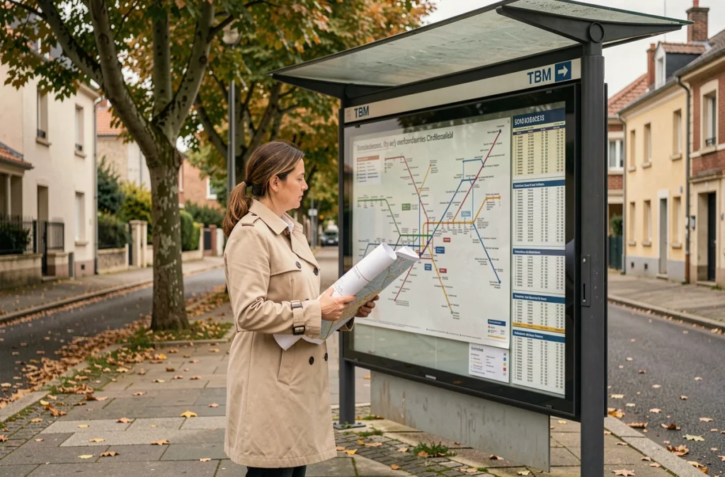 Femme consultant le plan du réseau tramway TBM à un arrêt de tram dans un quartier résidentiel de Bordeaux en automne