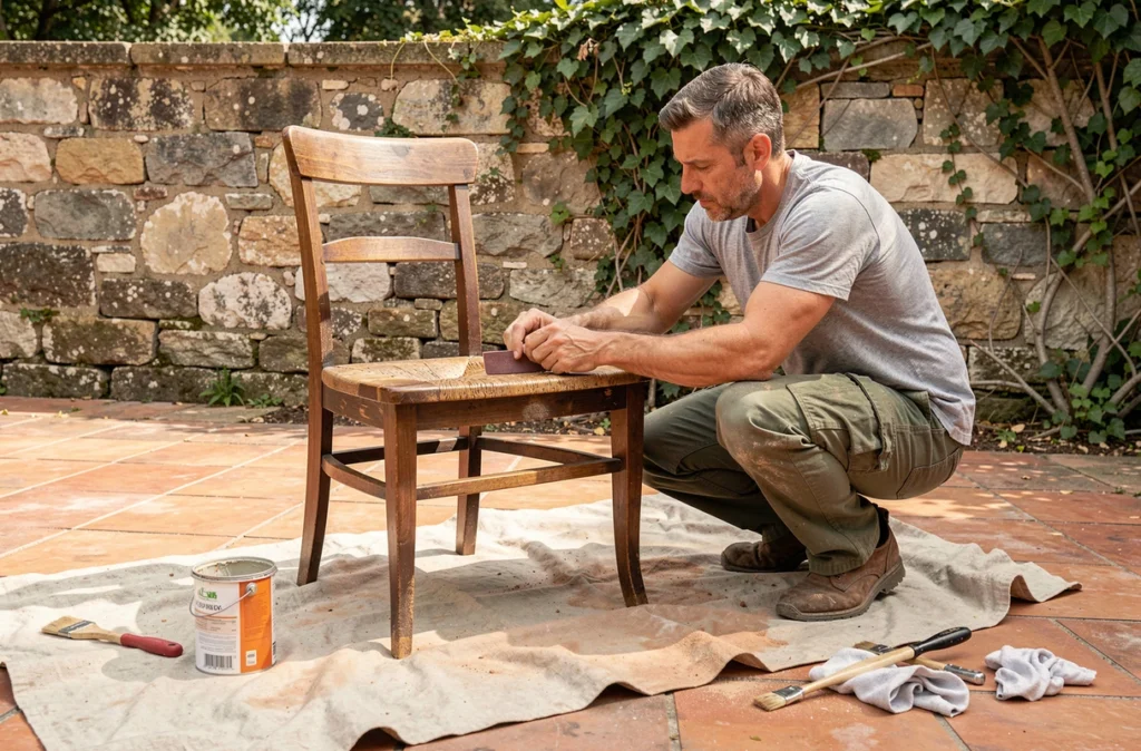 Homme ponçant une vieille chaise en bois avant de la peindre dans un jardin rustique