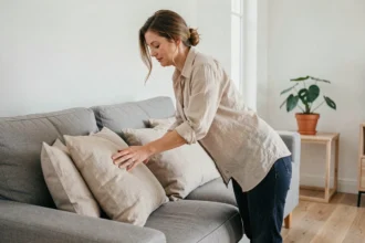 Femme qui arrange des coussins sur un canapé gris dans un salon épuré pour préparer sa maison à la vente