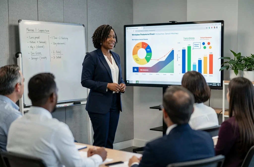 Femme cadre noire présentant une stratégie de diversité et d'inclusion lors d'une formation en entreprise