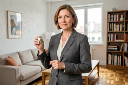 Propriétaire tenant des clés d'appartement dans un salon meublé moderne et élégant