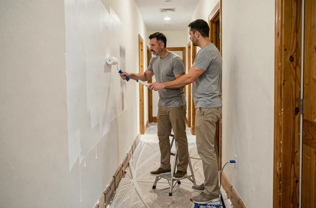 Homme en train de repeindre un couloir en blanc pour rafraîchir un logement avant une mise en vente immobilière