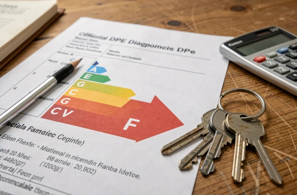 Rapport de diagnostic de performance énergétique DPE ouvert sur un bureau en bois avec clés de maison et calculatrice avant achat immobilier