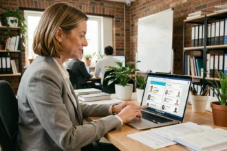 Responsable RH d'une PME utilisant un logiciel d'intelligence artificielle pour analyser des profils de candidats sur un ordinateur portable