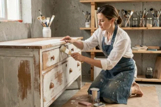 Femme rénovant un vieux meuble en bois avec de la peinture craie dans un atelier artisanal