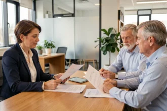 Réunion professionnelle entre un syndic de copropriété et des propriétaires pour choisir le bon gestionnaire