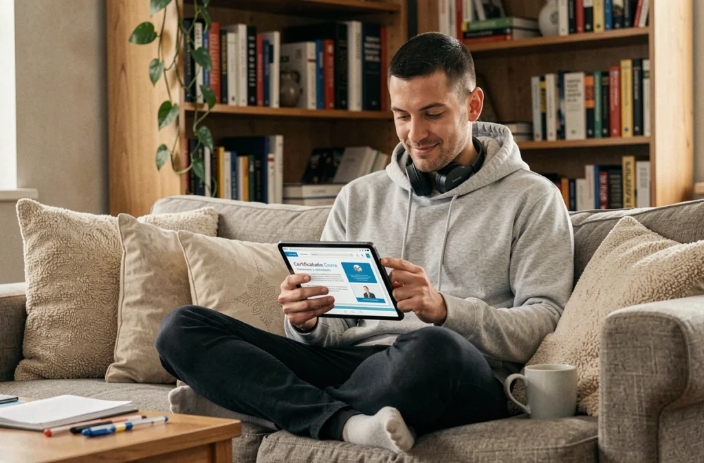 Jeune salarié suivant une formation en ligne depuis chez lui sur une tablette numérique