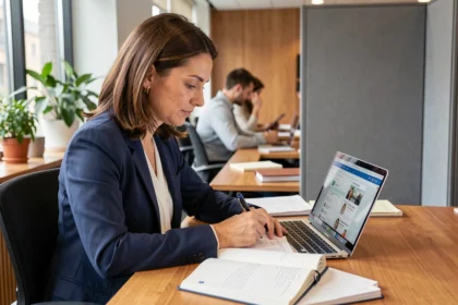 Salariée en formation continue prenant des notes sur un cours en ligne dans un bureau moderne