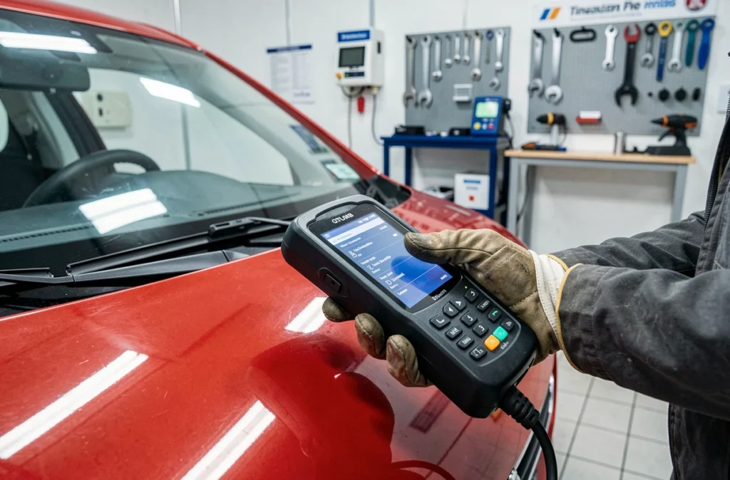 Mains d'un mécanicien utilisant un scanner OBD lors d'un contrôle technique automobile en France