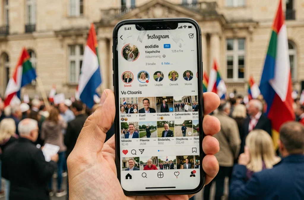 Gros plan d'un smartphone affichant un profil Instagram avec des compteurs de commentaires devant un rassemblement politique français