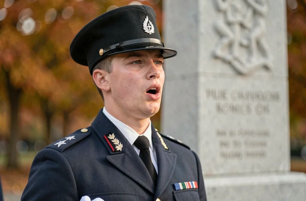 Jeune soldat français en uniforme de parade chantant devant un monument aux morts lors d'une cérémonie du souvenir
