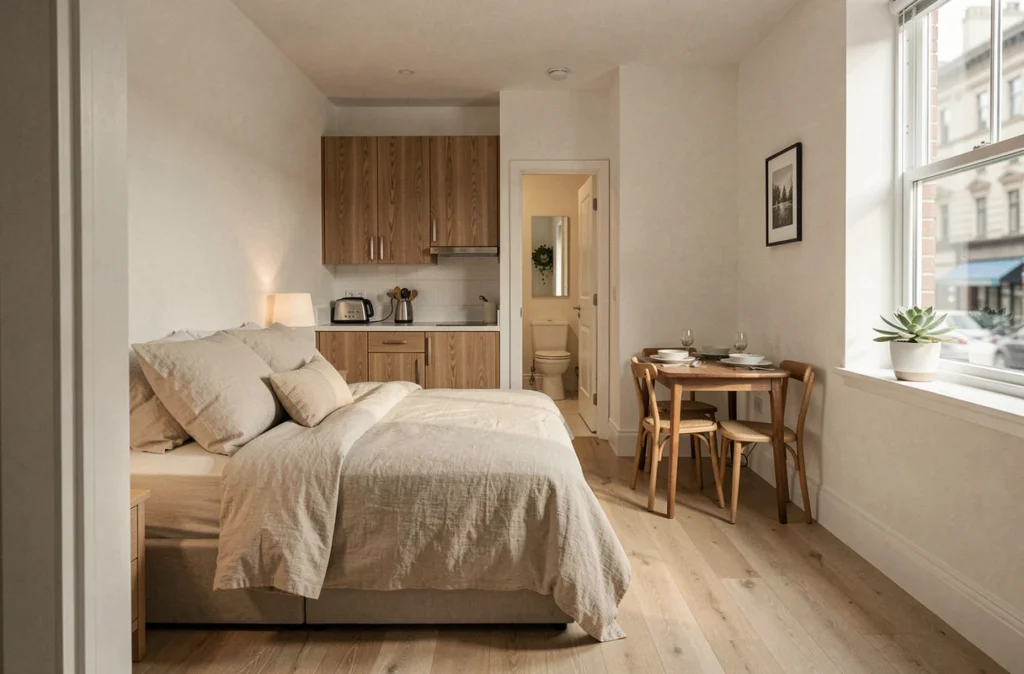 Studio meublé prêt à la location avec cuisine équipée et espace de vie optimisé