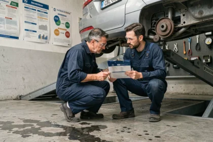 Technicien de contrôle technique inspectant le dessous d'un véhicule dans un centre agréé en France