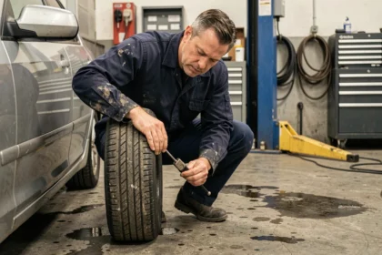 Technicien automobile inspectant la profondeur de sculpture d'un pneu usé avec une jauge de mesure dans un garage professionnel