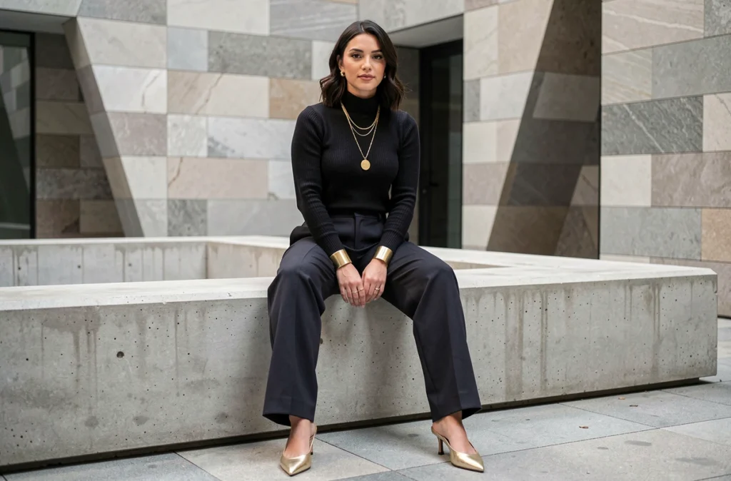 Femme en tenue noire rehaussée d'accessoires dorés : manchette, colliers superposés et mules dorées dans un décor urbain