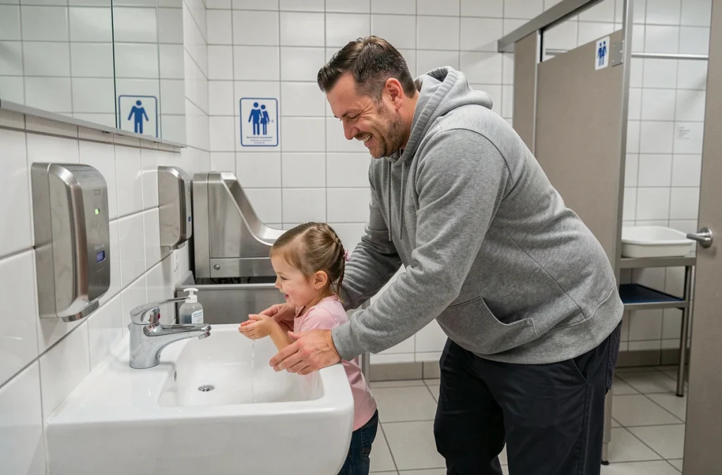 Père aidant sa fille à se laver les mains dans des toilettes publiques familiales propres et accessibles