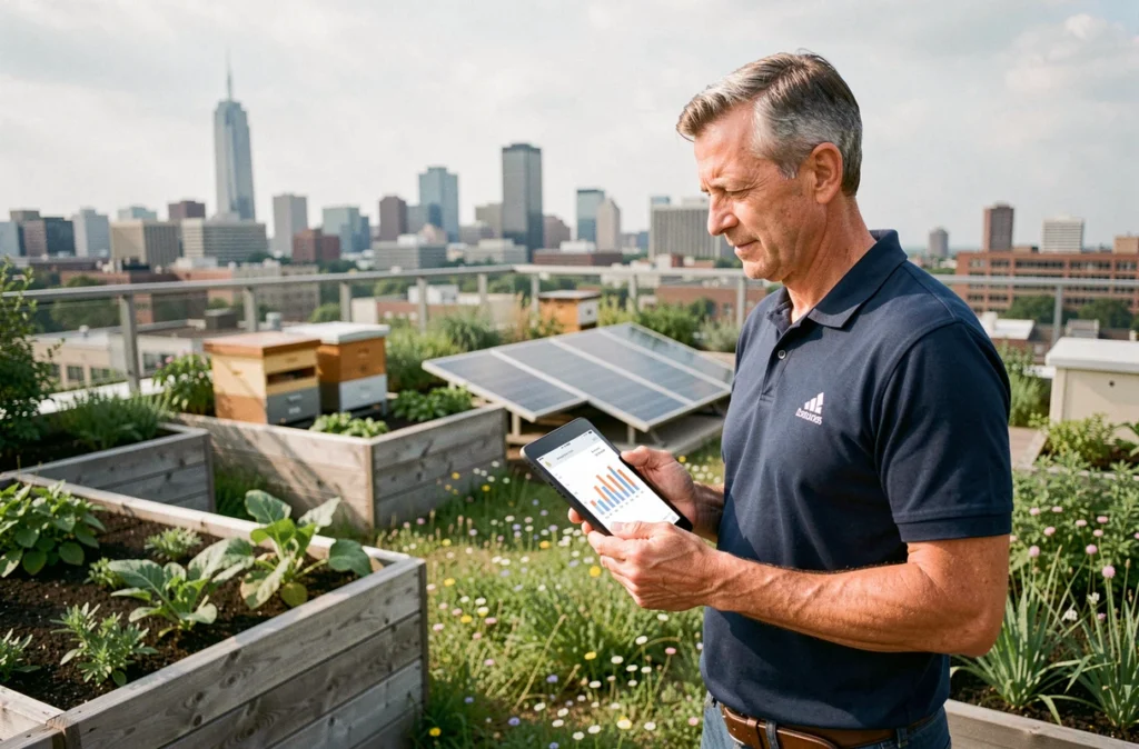 Responsable d'entreprise inspectant une toiture végétalisée avec panneaux solaires et potager urbain au sommet d'un immeuble de bureaux