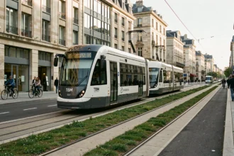 Tramway moderne de la ligne E ou F à Bordeaux circulant sur une nouvelle voie urbaine avec bâtiments en pierre et piste cyclable