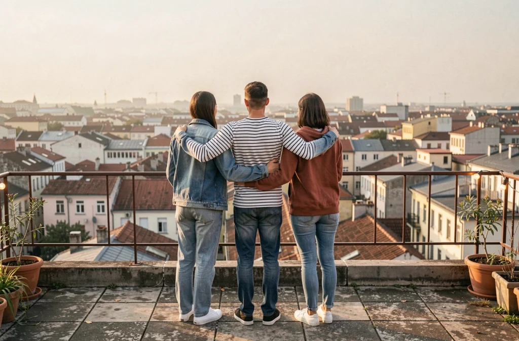 Trois amis de dos bras dessus bras dessous sur une terrasse urbaine contemplant la ville, symbole d'une amitié profonde et sincère