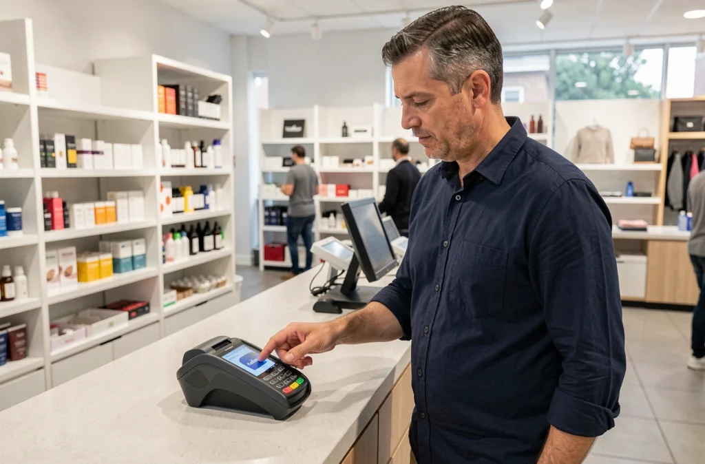 Homme utilisant une carte Kadéos Edenred en magasin sur un terminal de paiement sans contact