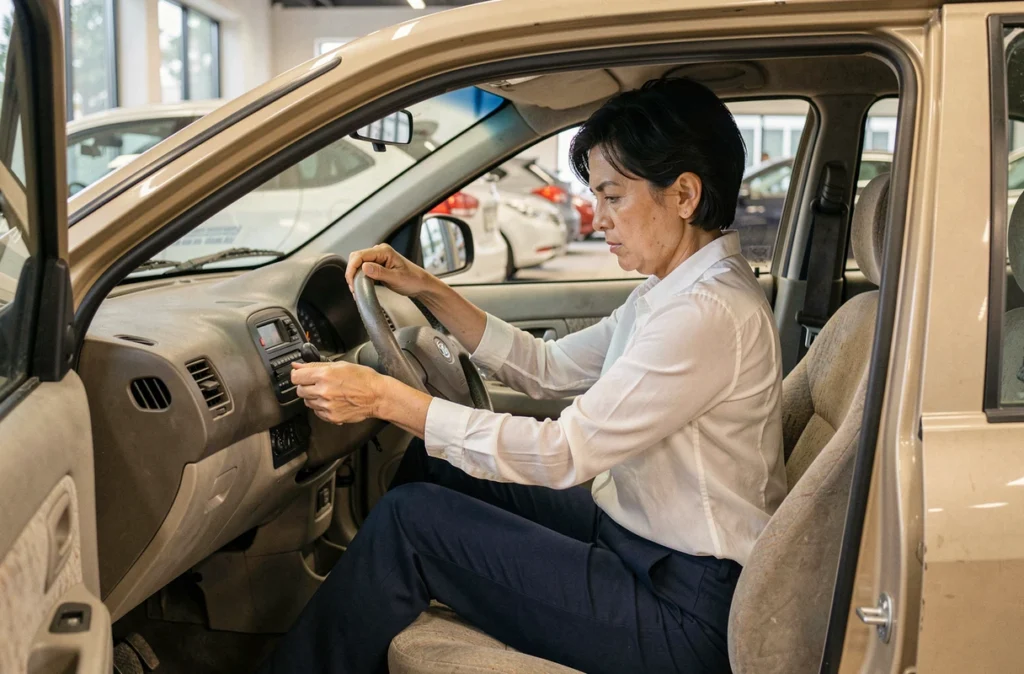 Femme examinant le tableau de bord et le kilométrage d'une voiture d'occasion à l'intérieur d'une concession automobile