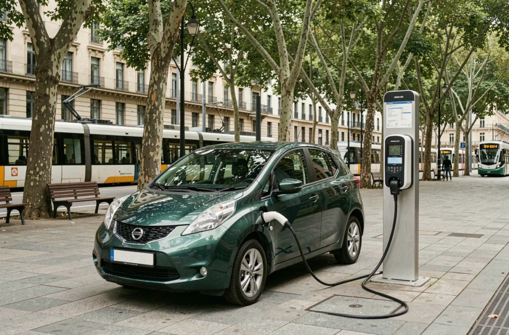 Voiture hybride branchée à une borne de recharge publique sur un boulevard urbain moderne