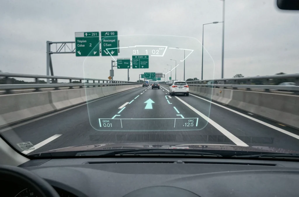 Vue depuis l'intérieur d'un véhicule sur autoroute avec affichage tête haute des systèmes d'assistance à la conduite