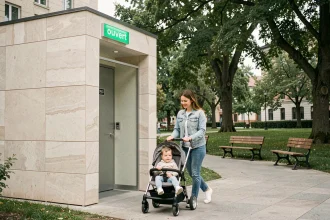 Mère avec poussette et enfant en bas âge se dirigeant vers un WC public propre et ouvert dans un parc urbain