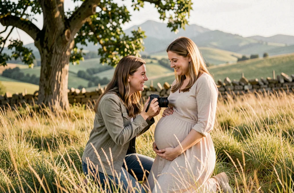 Photographe de famille Alexia Faucourt agenouillée dans une prairie basque photographiant une femme enceinte souriante en extérieur