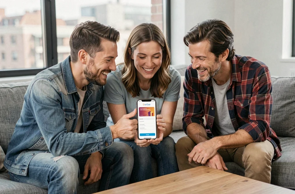 Groupe d'amis découvrant ensemble une carte cadeau numérique sur smartphone pour un anniversaire surprise