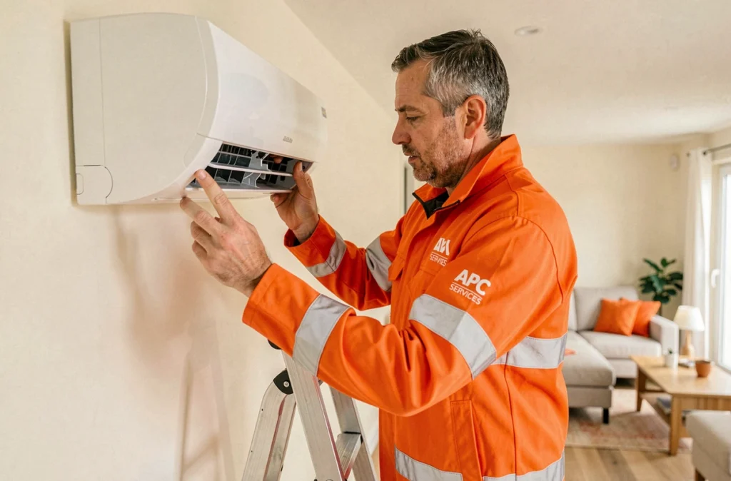 Technicien APC Services Clim Chauffage installant une climatisation murale dans un salon de la Drôme