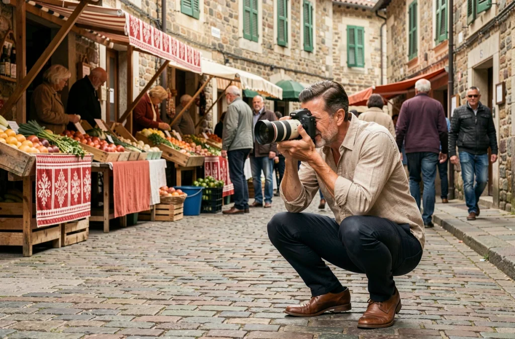 Photographe reporter d'APGPHOTOS accroupi dans une rue pavée d'un village basque photographiant un marché local traditionnel