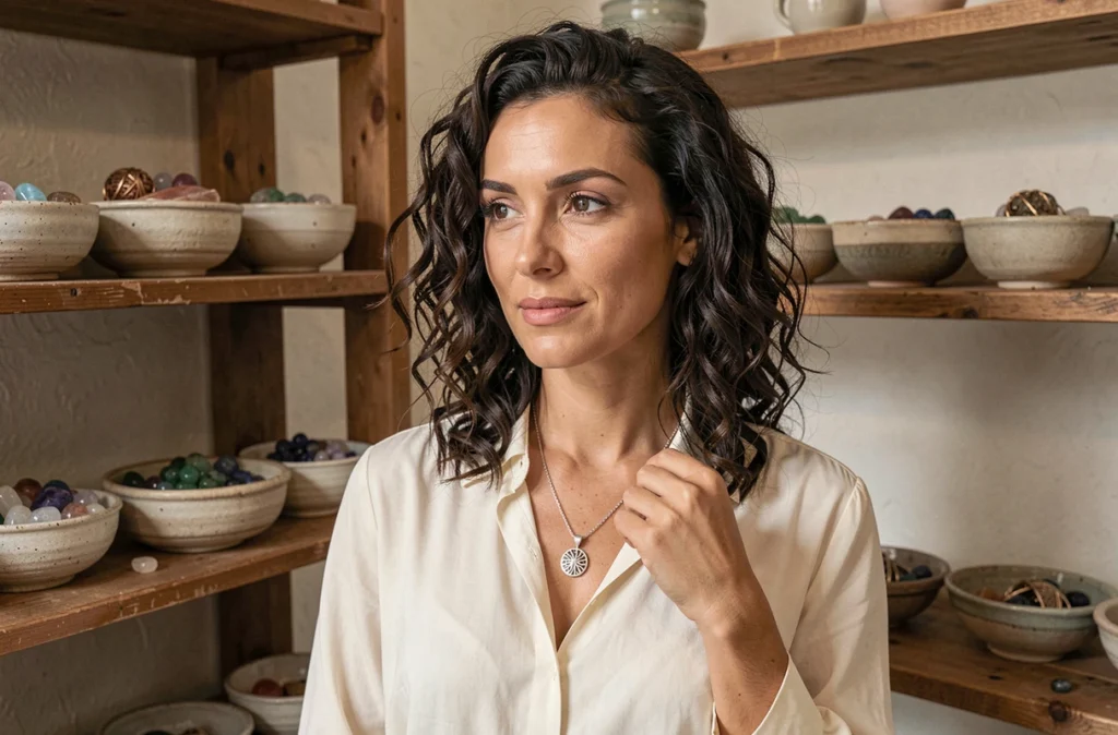 Créatrice de L'Atelier d'Amaya présentant un collier artisanal en argent dans son atelier toulousain