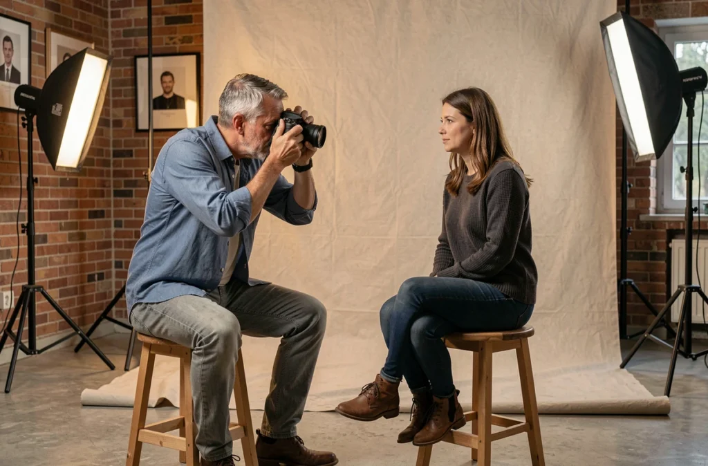 Photographe portraitiste de L'Atelier D'Hervé à Pau réalisant un portrait en studio avec une cliente assise sur un tabouret en bois