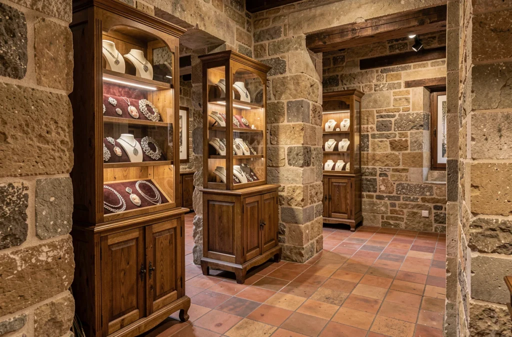 Intérieur de la bijouterie Le Donjon avec vitrines de bijoux vintage dans un cadre en pierre historique